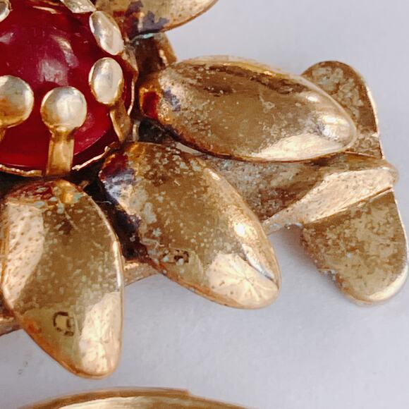 VTG 1940s Brooch Gold Tone Floral Red Glass Cabochons Mid Century Bouquet Pin - Picture 10 of 12